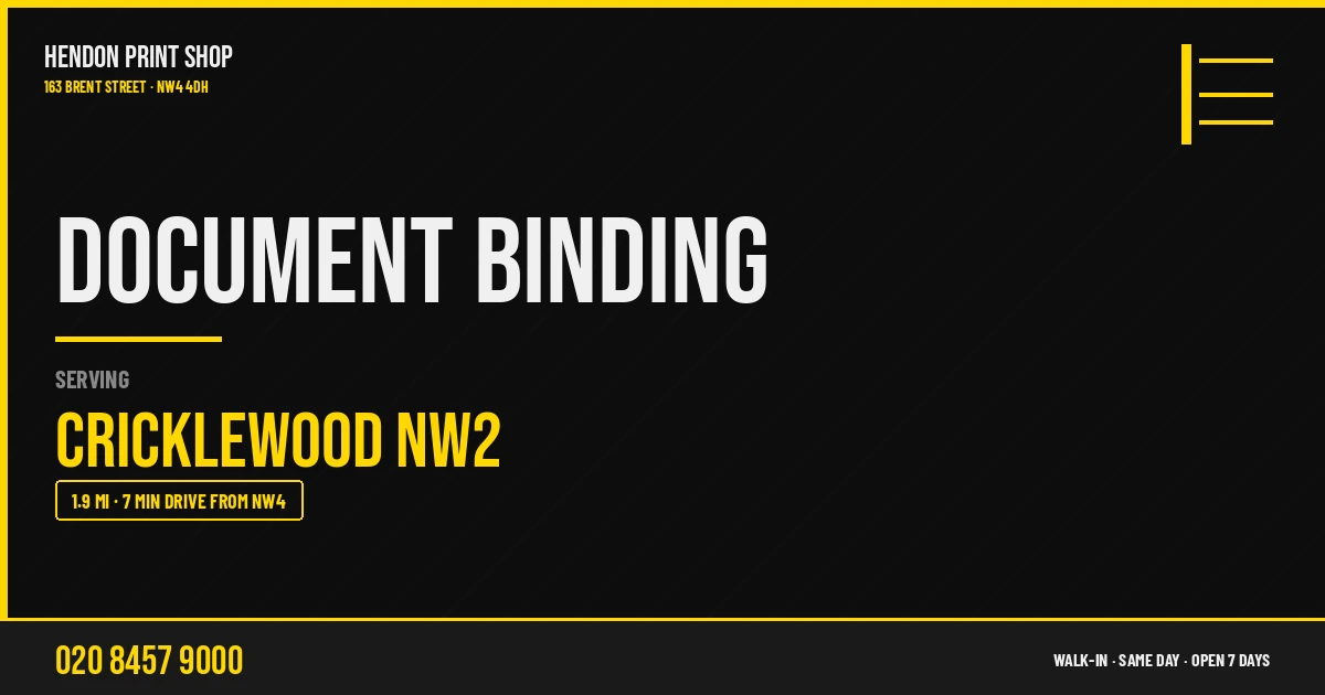 Document Binding service for Cricklewood NW2 — Hendon Print Shop, 163 Brent Street, 1.9 miles away