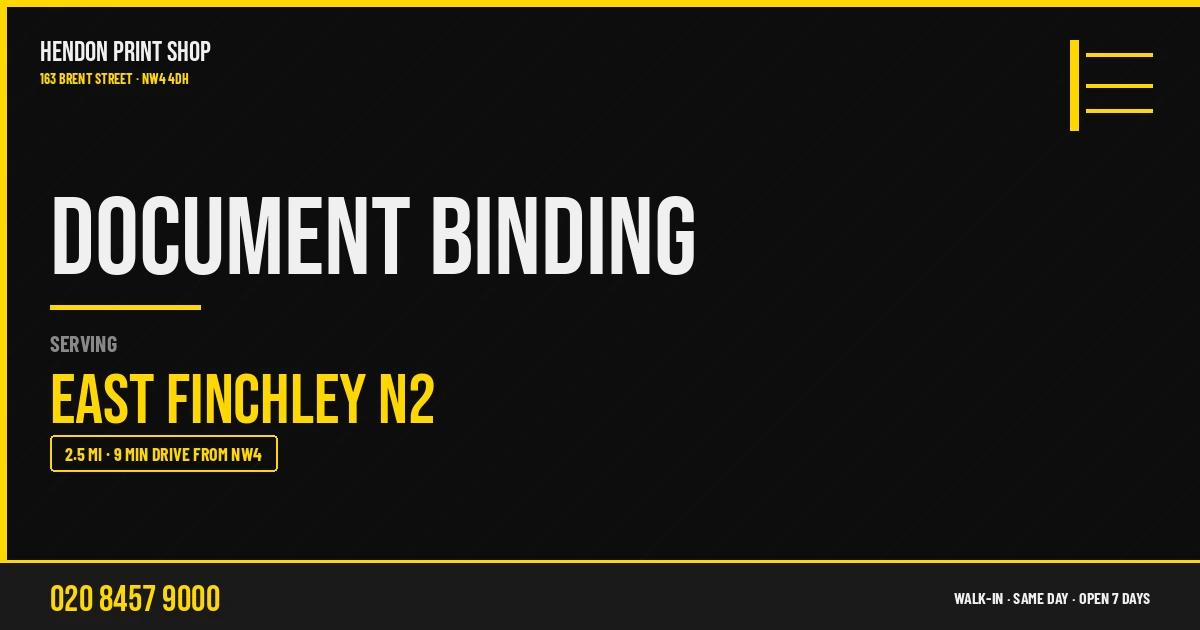 Document Binding service for East Finchley N2 — Hendon Print Shop, 163 Brent Street, 2.5 miles away