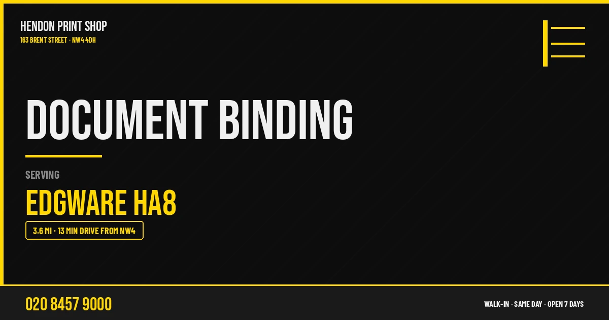 Document Binding service for Edgware HA8 — Hendon Print Shop, 163 Brent Street, 3.6 miles away