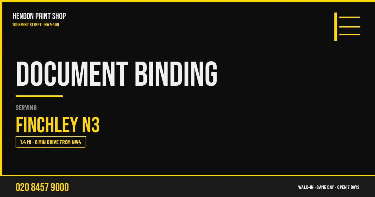 Document Binding service for Finchley N3 — Hendon Print Shop, 163 Brent Street, 1.4 miles away