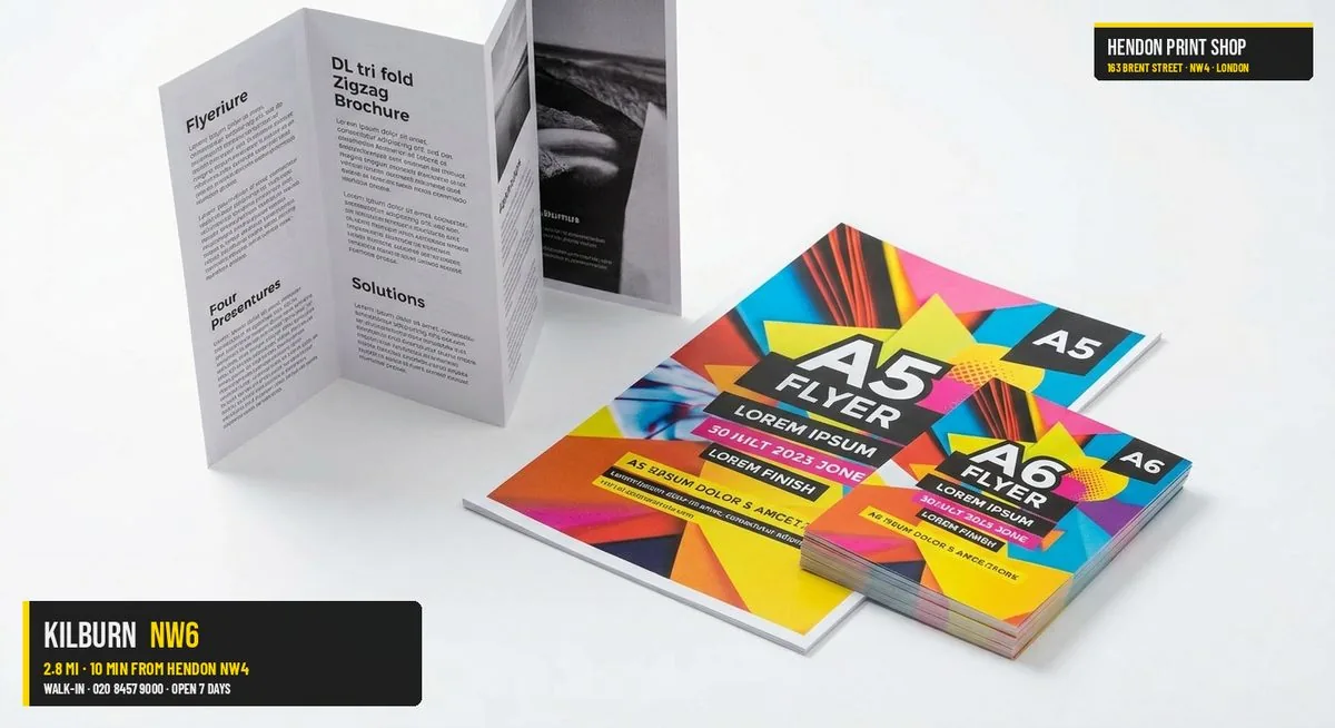 Same-day leaflets and flyers for Kilburn NW6 — printed at Hendon Print Shop, 2.8 miles away