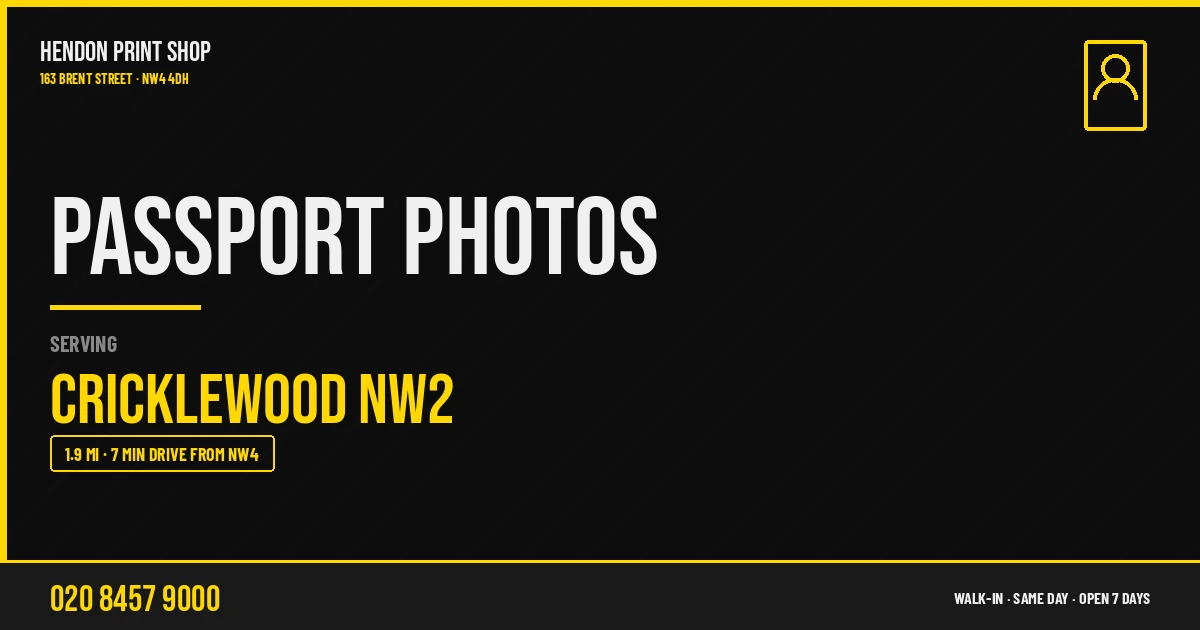 Passport Photos service for Cricklewood NW2 — Hendon Print Shop, 163 Brent Street, 1.9 miles away