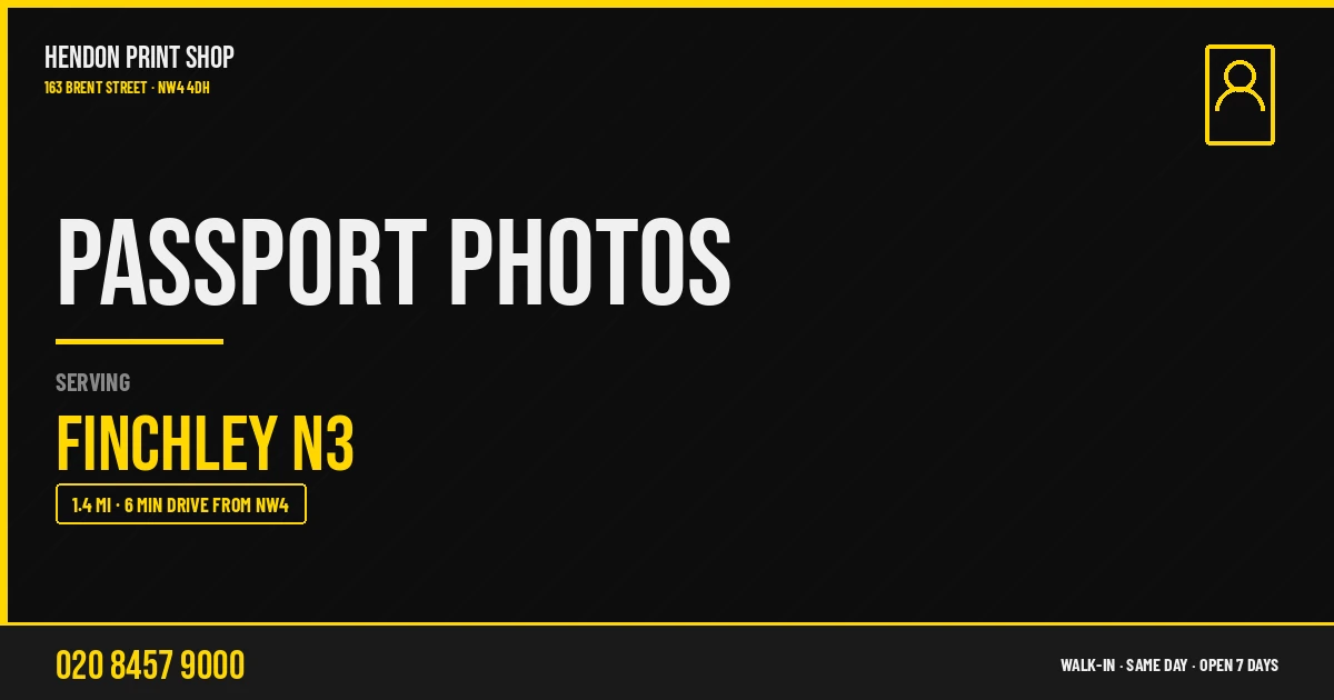 Passport Photos service for Finchley N3 — Hendon Print Shop, 163 Brent Street, 1.4 miles away