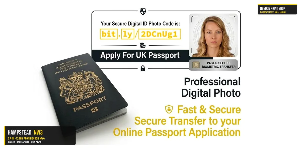 Same-day passport photos for Hampstead NW3 — Hendon Print Shop, 3.4 miles away