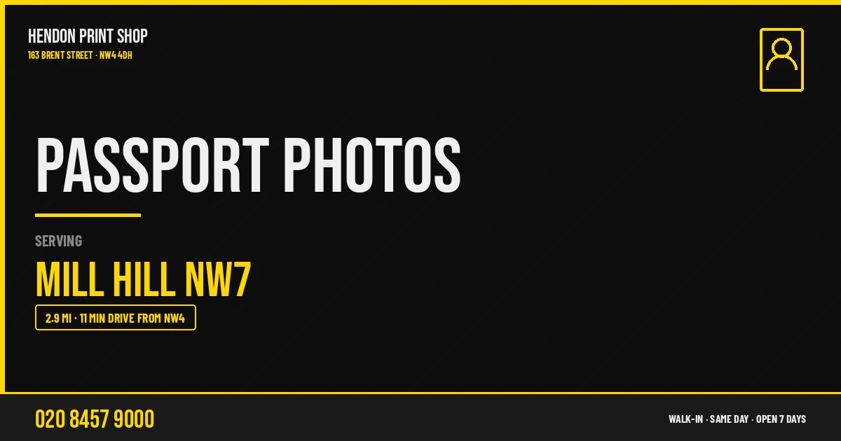 Passport Photos service for Mill Hill NW7 — Hendon Print Shop, 163 Brent Street, 2.9 miles away
