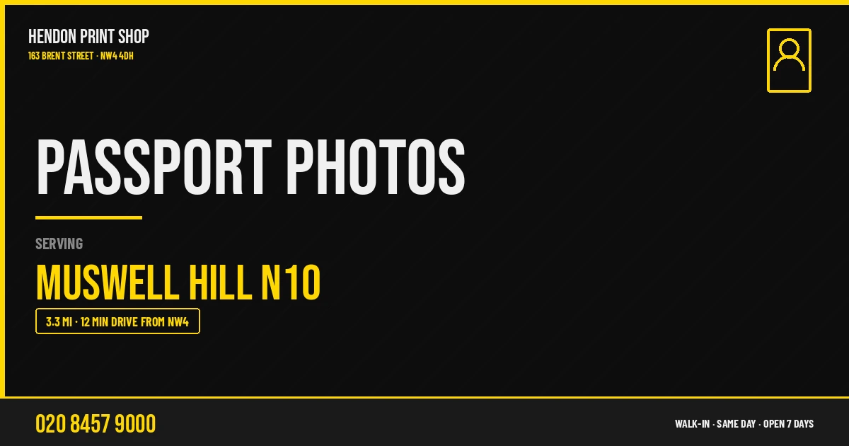 Passport Photos service for Muswell Hill N10 — Hendon Print Shop, 163 Brent Street, 3.3 miles away