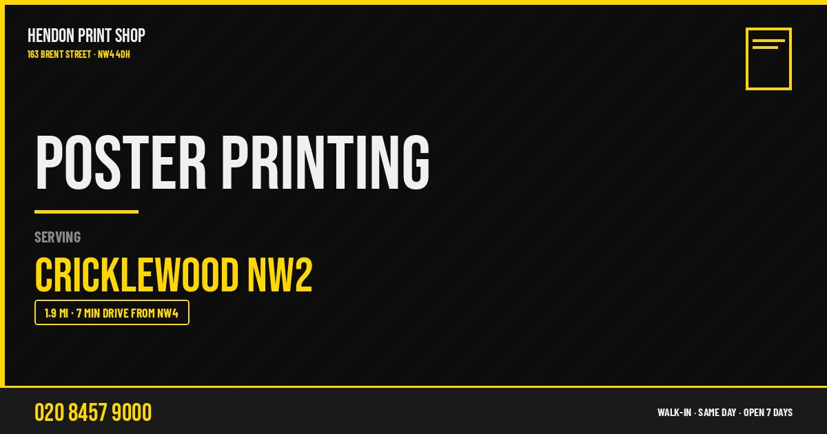 Poster Printing service for Cricklewood NW2 — Hendon Print Shop, 163 Brent Street, 1.9 miles away