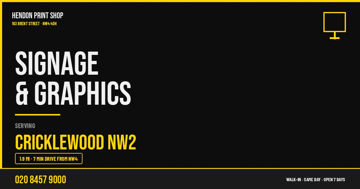Signage & Graphics service for Cricklewood NW2 — Hendon Print Shop, 163 Brent Street, 1.9 miles away
