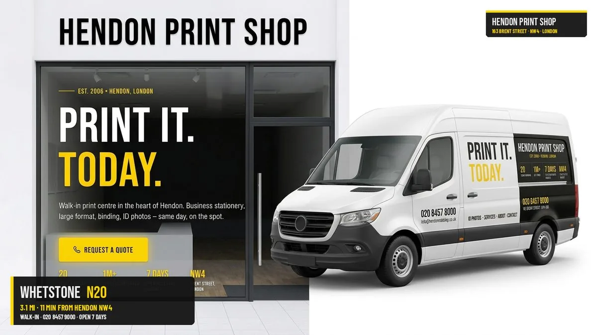 Same-day signage vehicle graphics for Whetstone N20 — Hendon Print Shop, 3.1 miles away