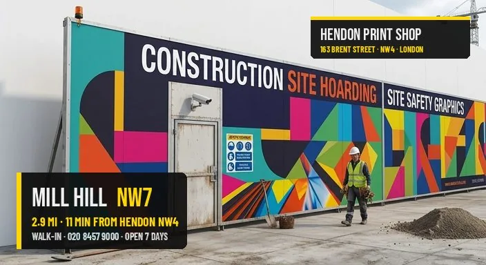 Same-day site hoarding for Mill Hill NW7 — Hendon Print Shop, 2.9 miles away